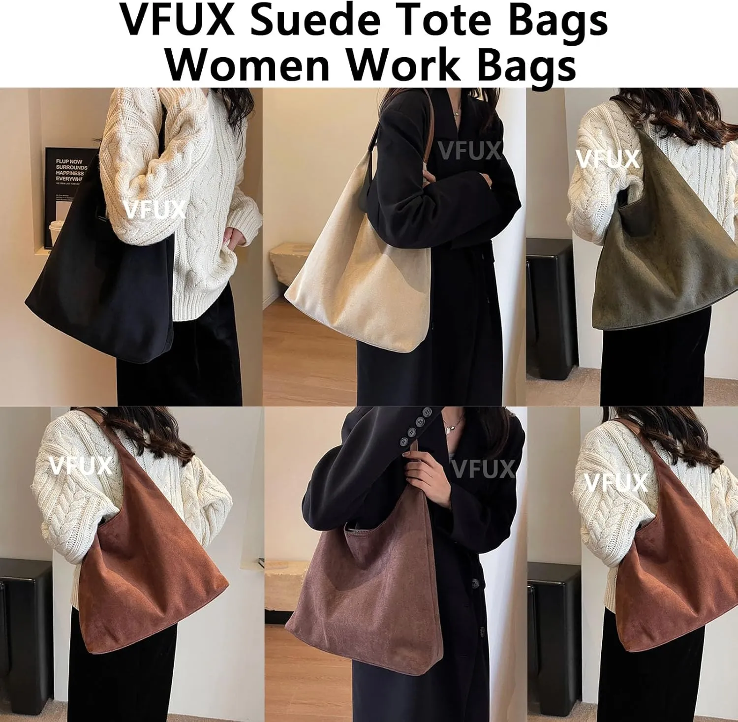 Suede Tote Bags for Women - Work & Office Bags, Slouchy Hobo Handbags, Fall Faux Suede Purse