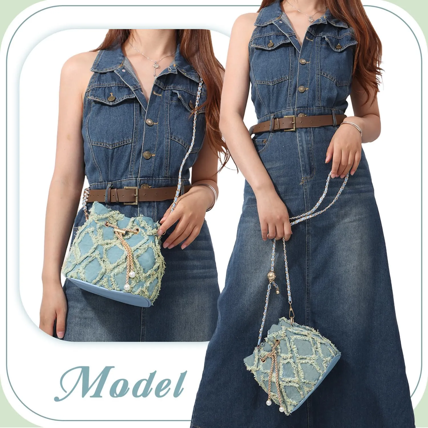 SUKUTU Denim Bucket Bag for Women Trendy Jean Purse Drawstring Crossbody Shoulder Bag Hobo Bag