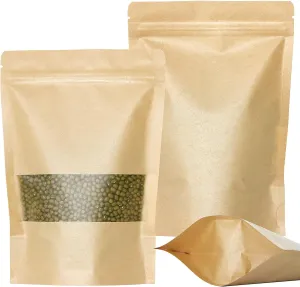 SumDirect Kraft Stand Up Pouches - 50Pcs Resealable Kraft Paper Stand Up Bags with Window, Zipper Disposable Food Storage Bags for Home or Business (50, 5.5x7.8inch)