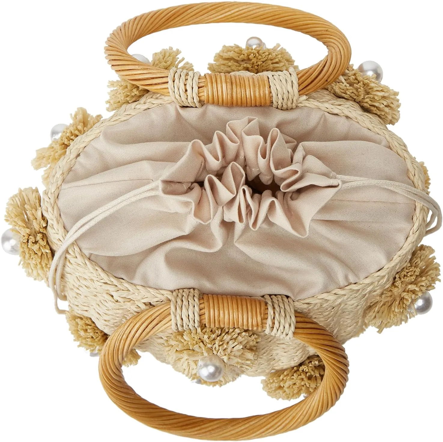 Summer Straw Bag for Women Pearl Flower Bucket Tote Bag Diamond Handbag Hand Woven Rattan Shell Purse Drawstring