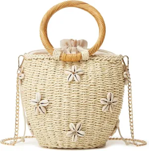Summer Straw Bag for Women Pearl Flower Bucket Tote Bag Diamond Handbag Hand Woven Rattan Shell Purse Drawstring