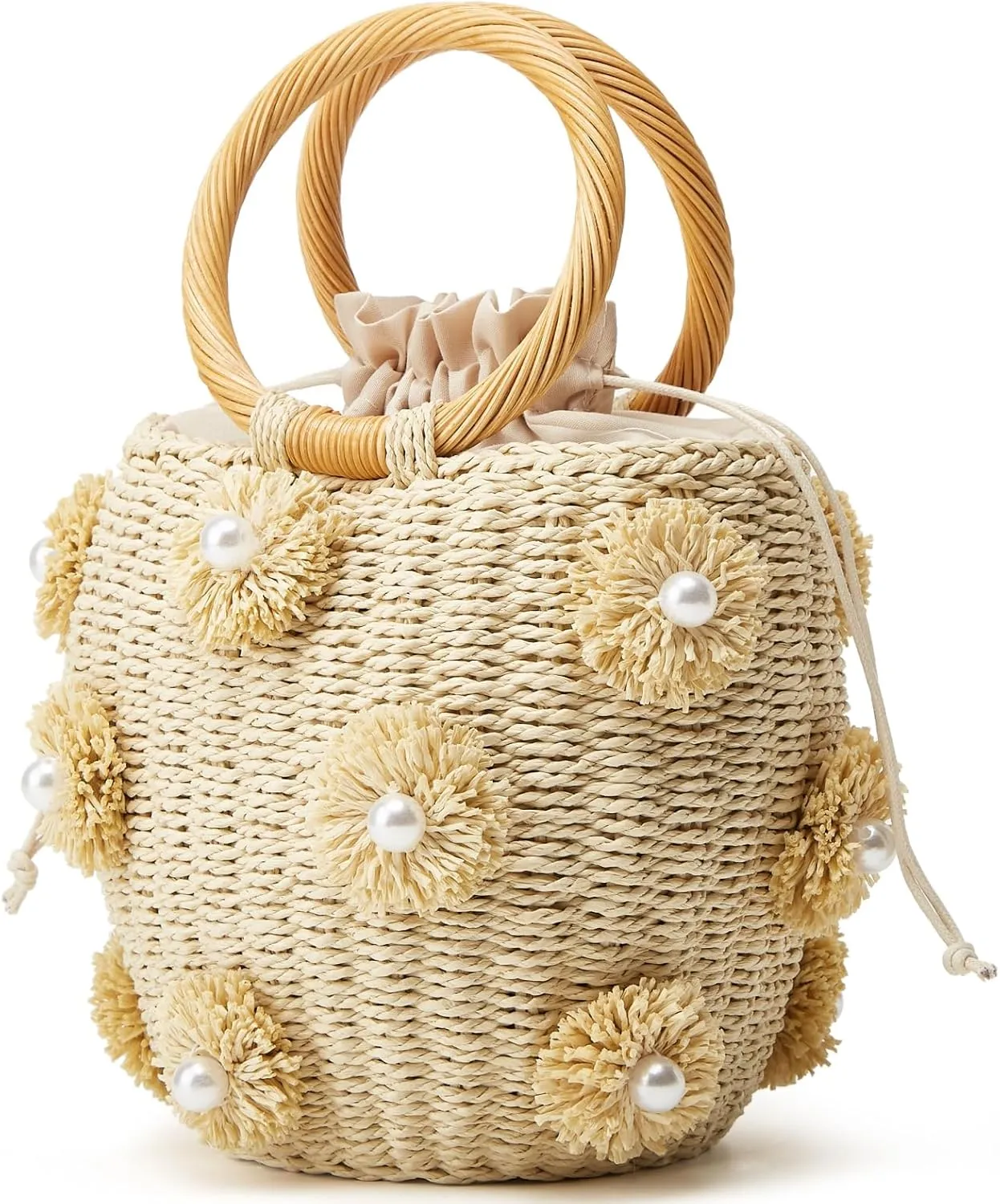 Summer Straw Bag for Women Pearl Flower Bucket Tote Bag Diamond Handbag Hand Woven Rattan Shell Purse Drawstring