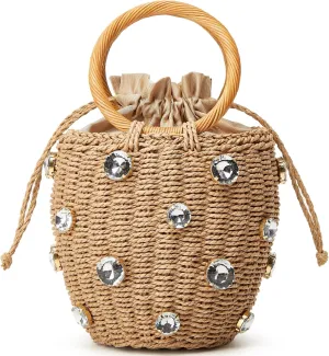 Summer Straw Bag for Women Pearl Flower Bucket Tote Bag Diamond Handbag Hand Woven Rattan Shell Purse Drawstring