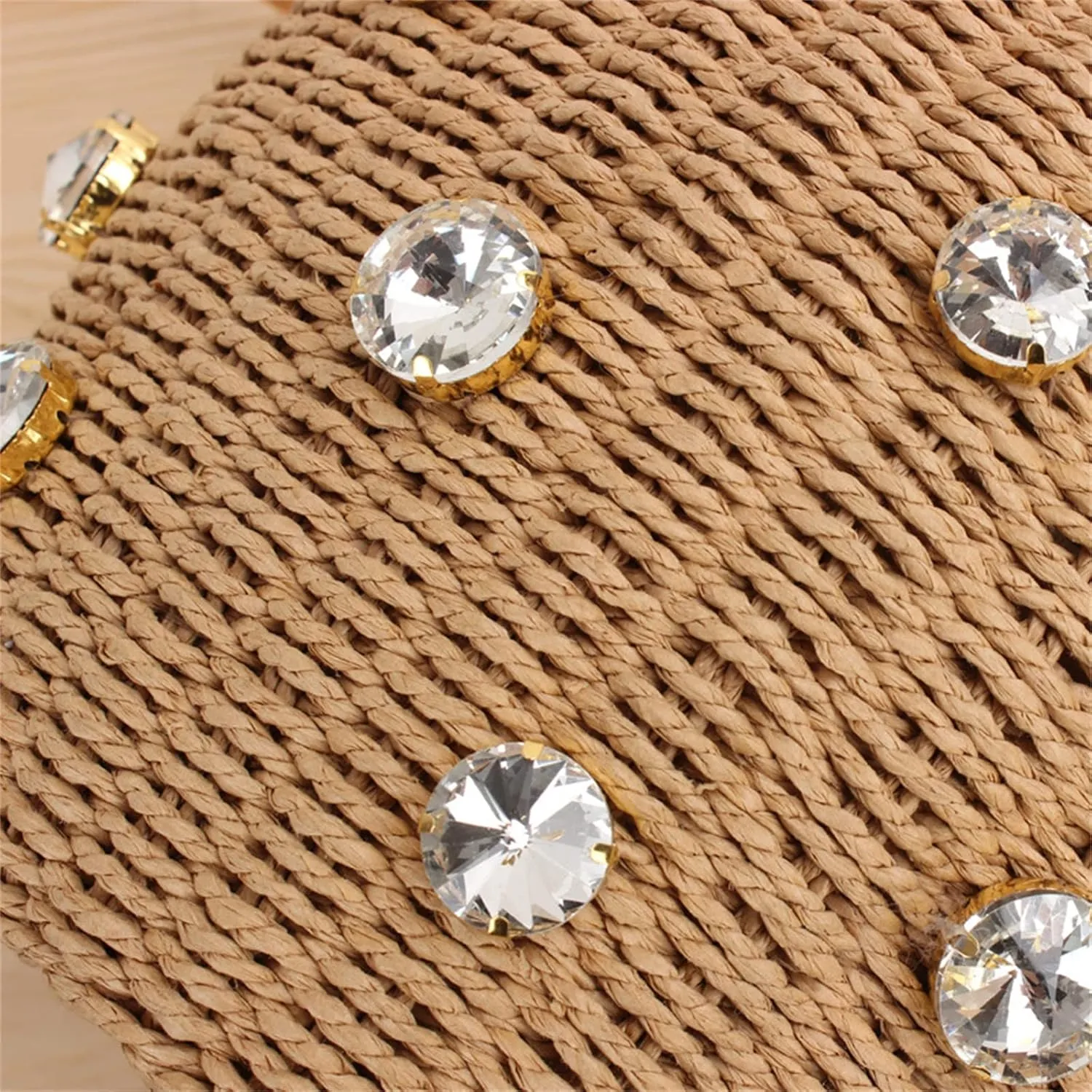 Summer Straw Bag for Women Pearl Flower Bucket Tote Bag Diamond Handbag Hand Woven Rattan Shell Purse Drawstring