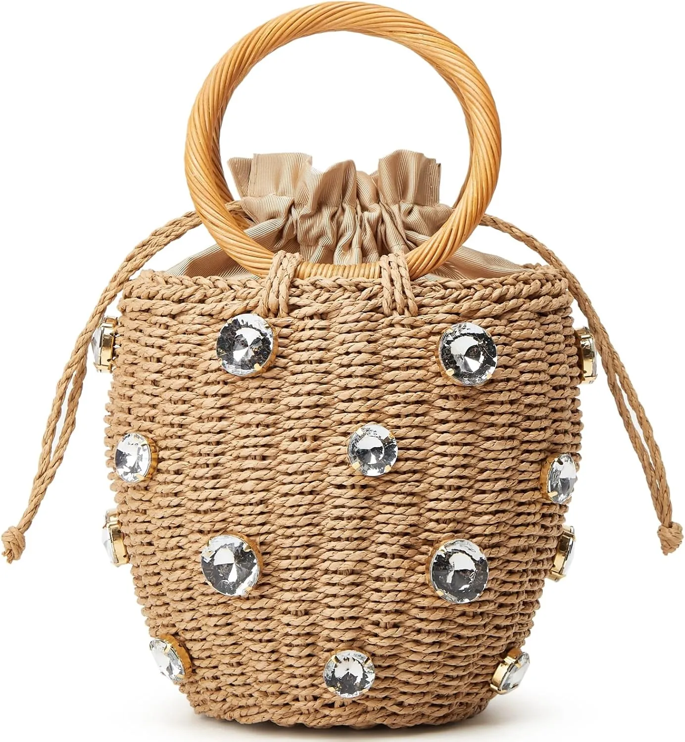 Summer Straw Bag for Women Pearl Flower Bucket Tote Bag Diamond Handbag Hand Woven Rattan Shell Purse Drawstring