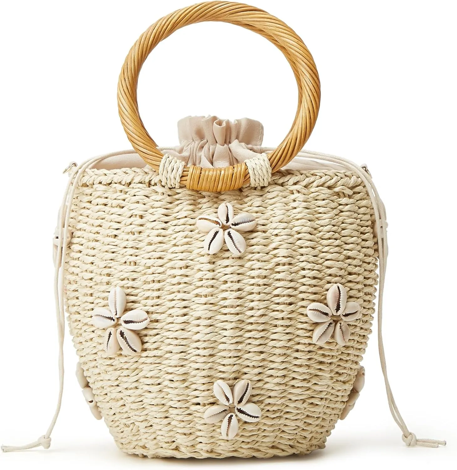 Summer Straw Bag for Women Pearl Flower Bucket Tote Bag Diamond Handbag Hand Woven Rattan Shell Purse Drawstring