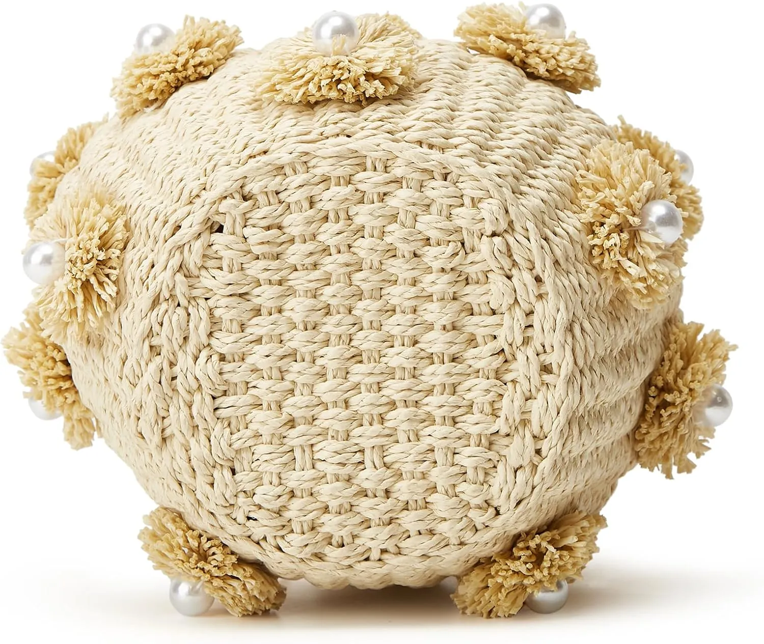 Summer Straw Bag for Women Pearl Flower Bucket Tote Bag Diamond Handbag Hand Woven Rattan Shell Purse Drawstring
