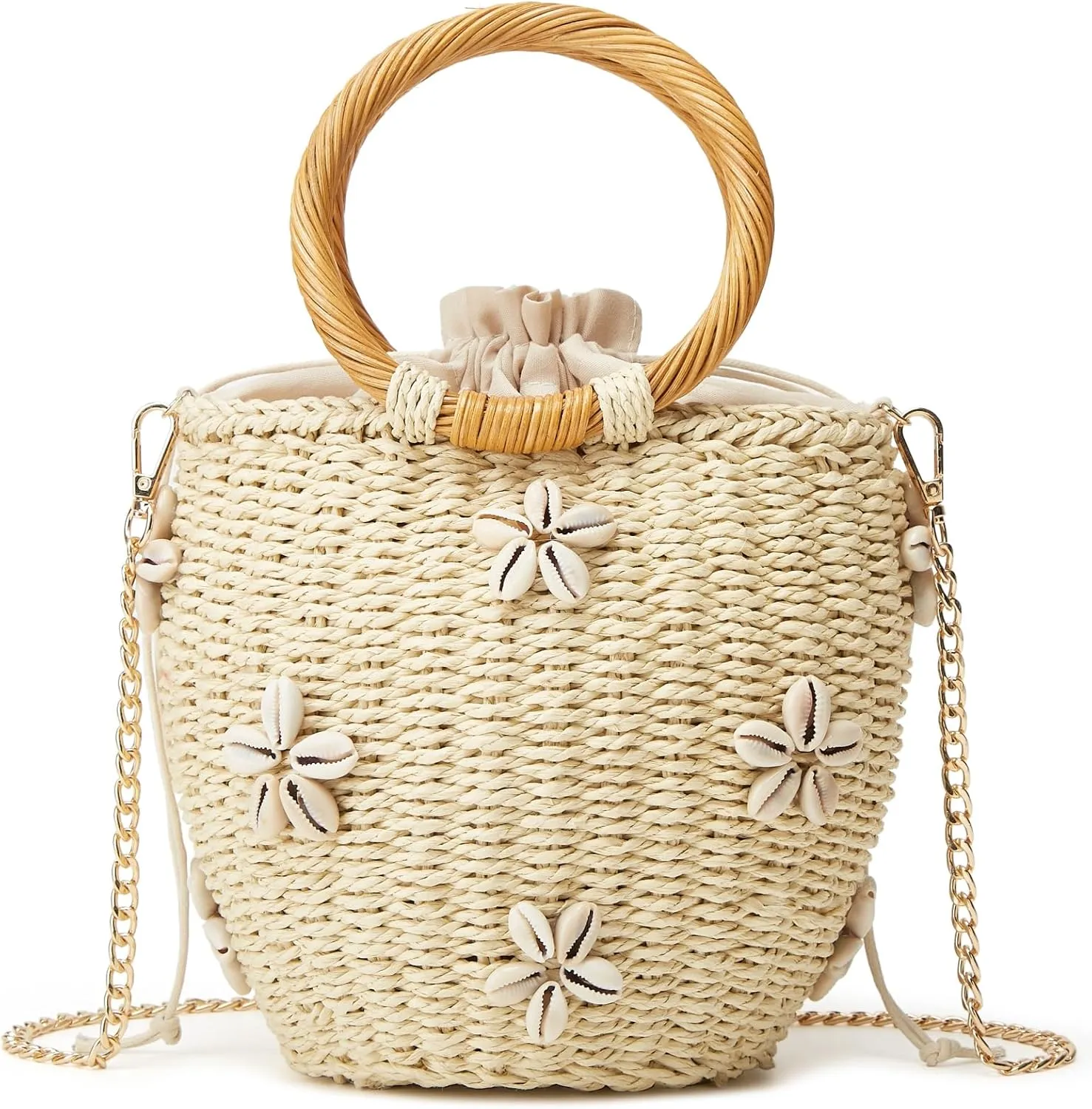 Summer Straw Bag for Women Pearl Flower Bucket Tote Bag Diamond Handbag Hand Woven Rattan Shell Purse Drawstring