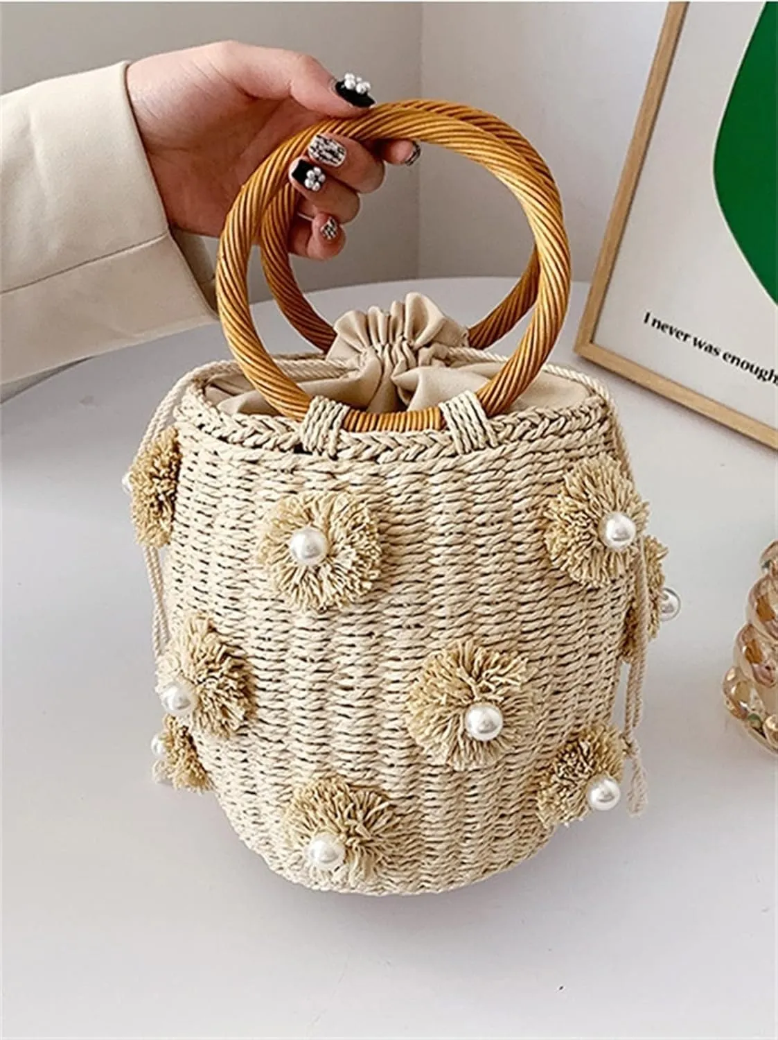 Summer Straw Bag for Women Pearl Flower Bucket Tote Bag Diamond Handbag Hand Woven Rattan Shell Purse Drawstring