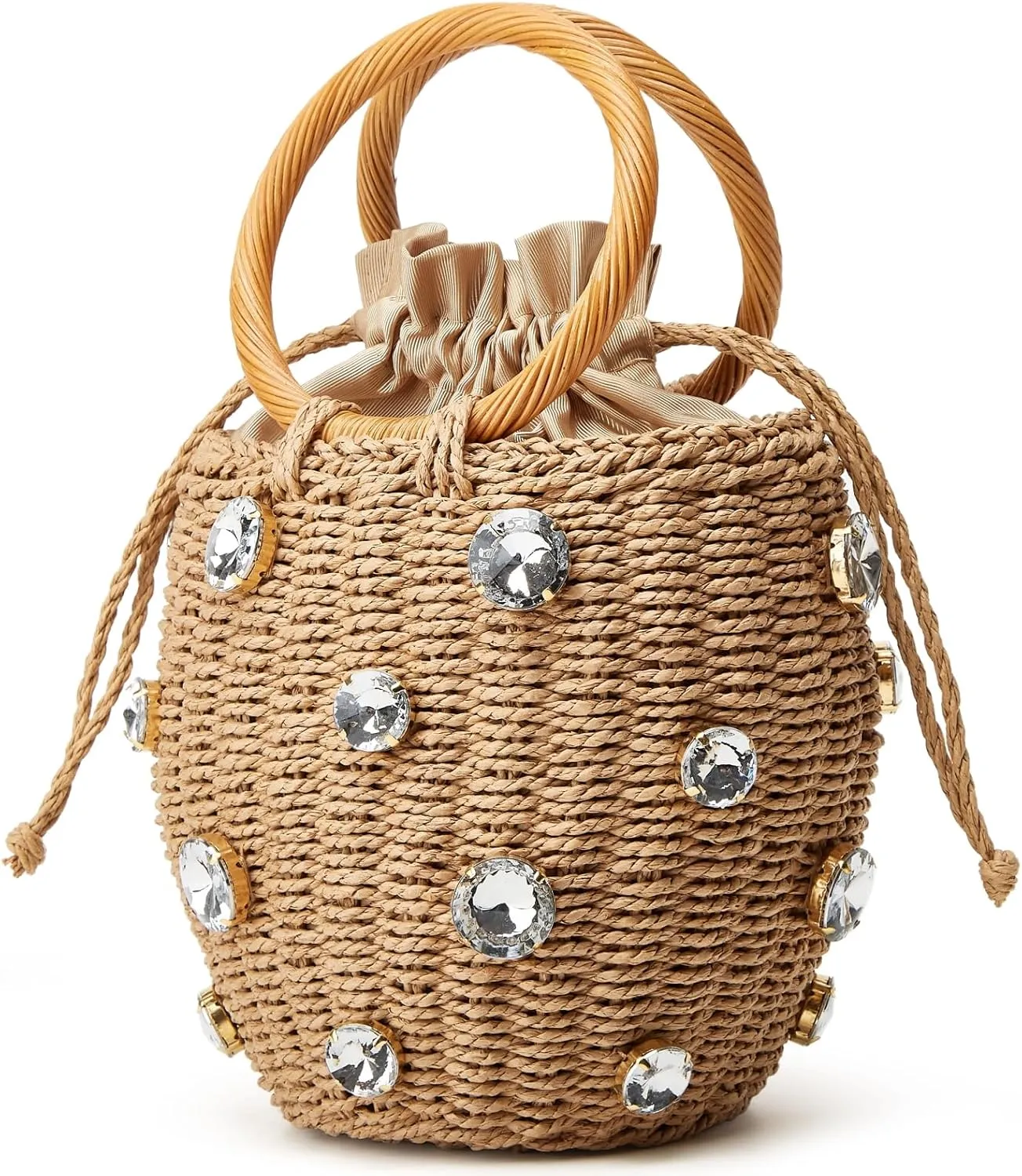 Summer Straw Bag for Women Pearl Flower Bucket Tote Bag Diamond Handbag Hand Woven Rattan Shell Purse Drawstring