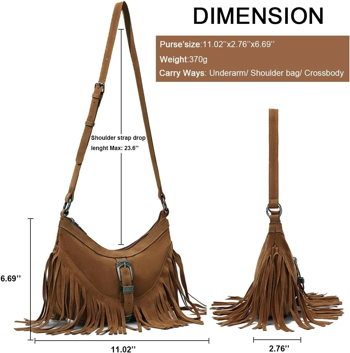 Sunwel Fashion Women Western Small Fringe Underarm Purse Shoulder Bag Vegan Suede Hippie Crossbody Bag with Tassel