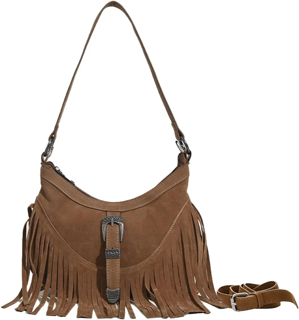 Sunwel Fashion Women Western Small Fringe Underarm Purse Shoulder Bag Vegan Suede Hippie Crossbody Bag with Tassel