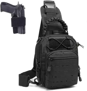 Tactical Compact Concealed Carry Sling Bag Cut Molle Pistol Holster EDC Single Shoulder Chest Backpack Pack (Black)
