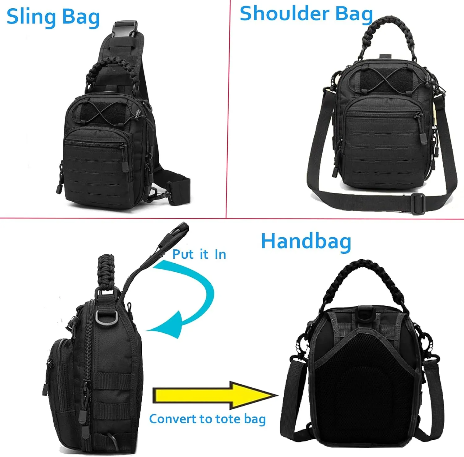 Tactical Compact Concealed Carry Sling Bag Cut Molle Pistol Holster EDC Single Shoulder Chest Backpack Pack (Black)
