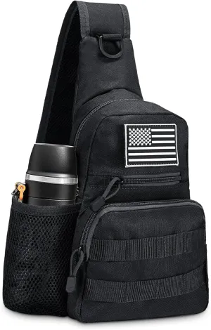 Tactical Sling Bag, Compact Military MOLLE EDC Shoulder Backpack, Crossbody Chest Daypack with Water Bottle Holder for Outdoor Travel (Black)