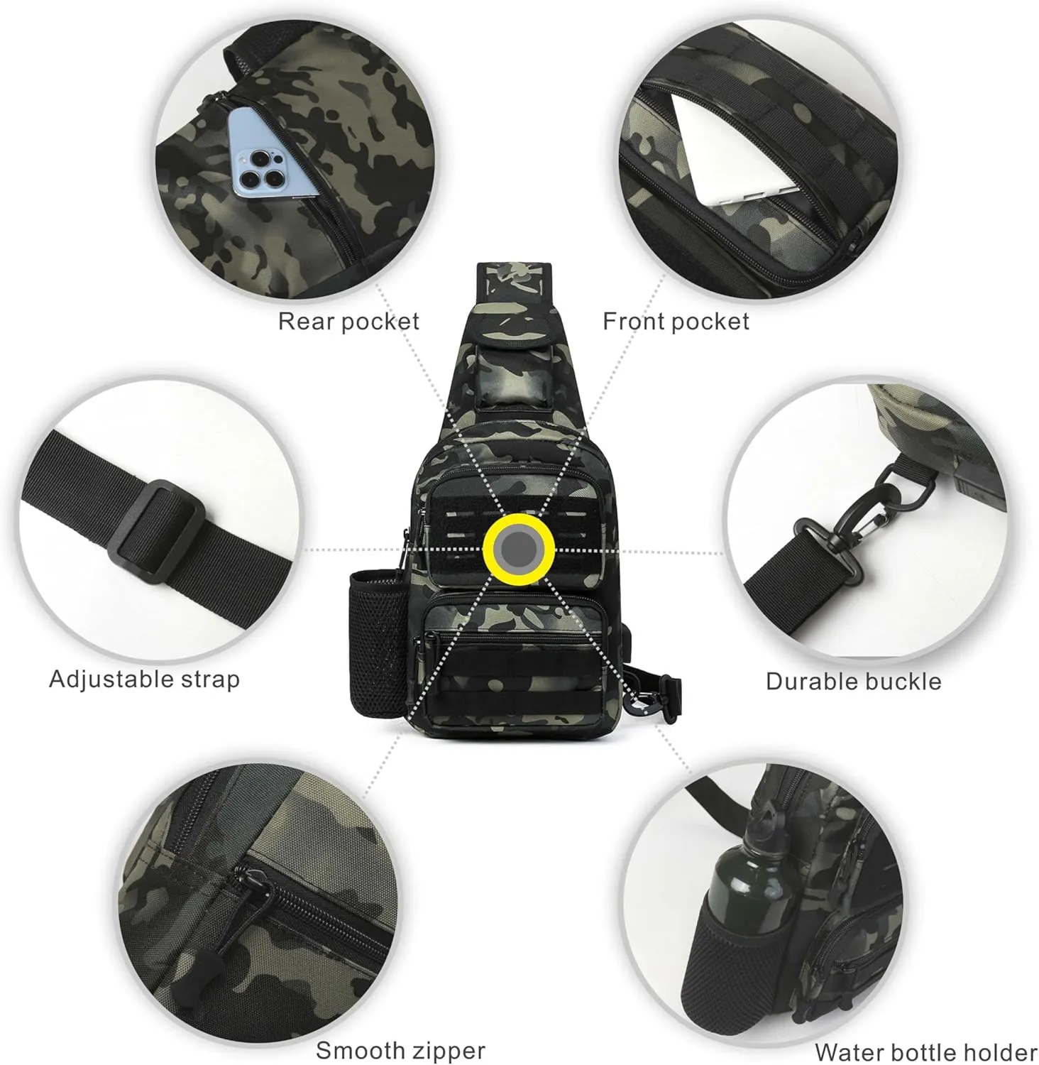Tactical Sling Bag for Men Molle Utility Shoulder Bag Chest Pack Crossbody Backpack for Hiking Hunting (Black camouflage)