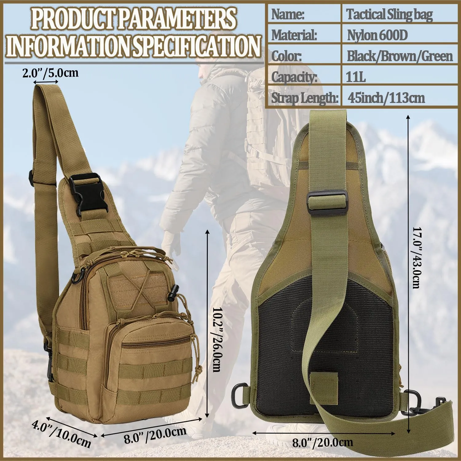 Tactical Sling Bag, Outdoor Durable Military Shoulder Chest Pack EDC Crossbody Daypack for Traveling Trekking (Brown)