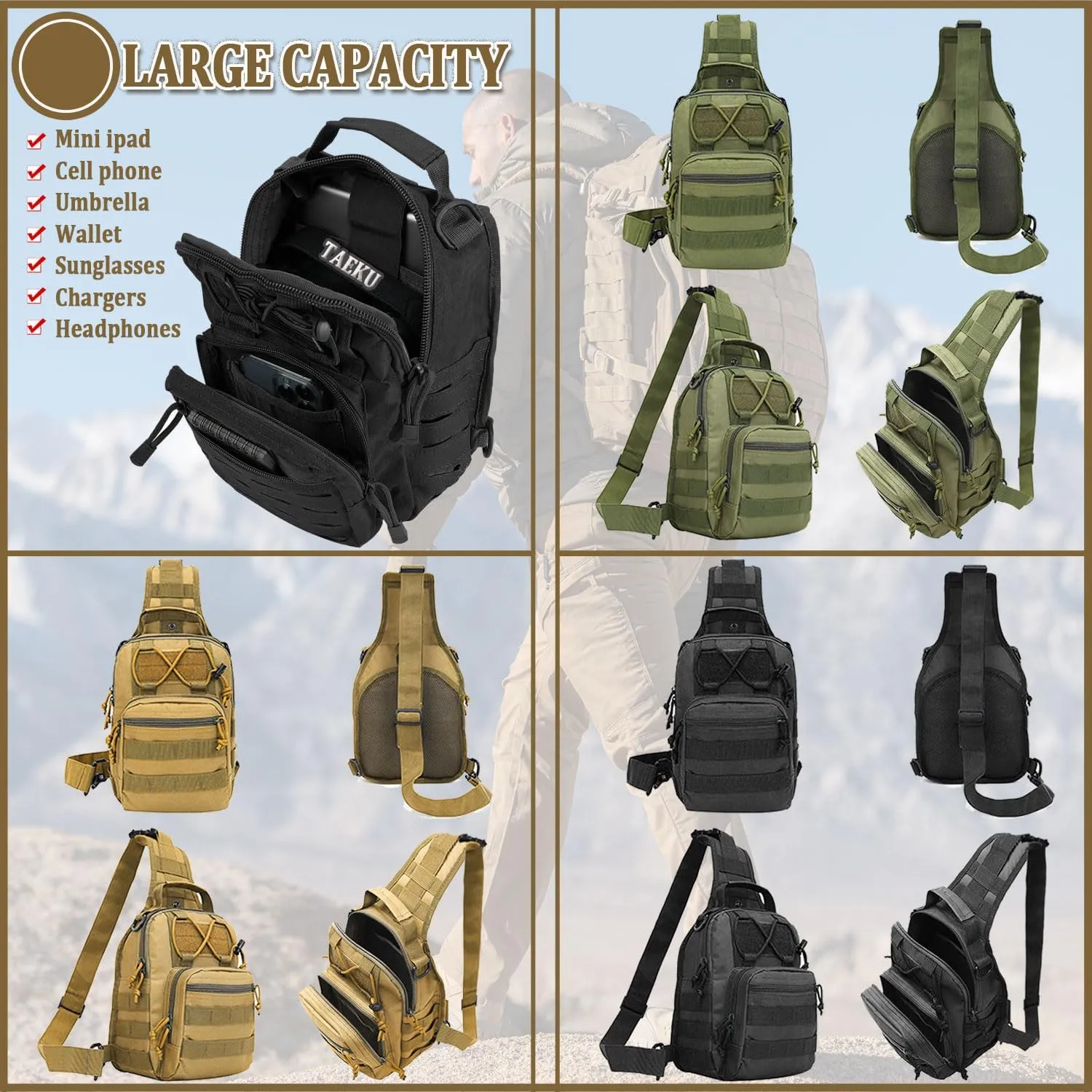 Tactical Sling Bag, Outdoor Durable Military Shoulder Chest Pack EDC Crossbody Daypack for Traveling Trekking (Green)