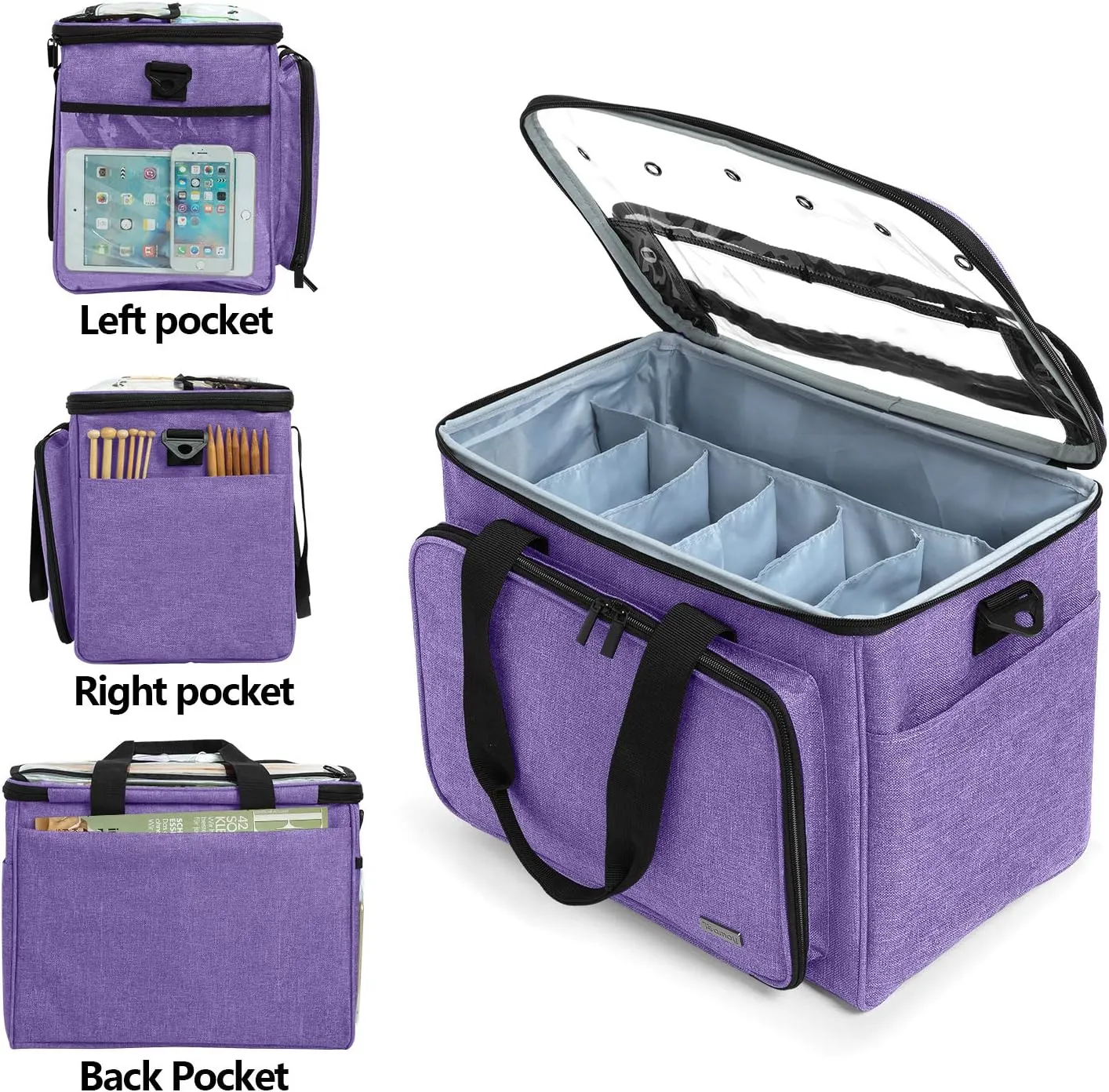 Teamoy Knitting Bag, Yarn Tote Organizer with Inner Divider (Sewn to Bottom) for Crochet Hooks, Knitting Needles(Up to 14”), Project and Supplies, Purple -No Accessories Included