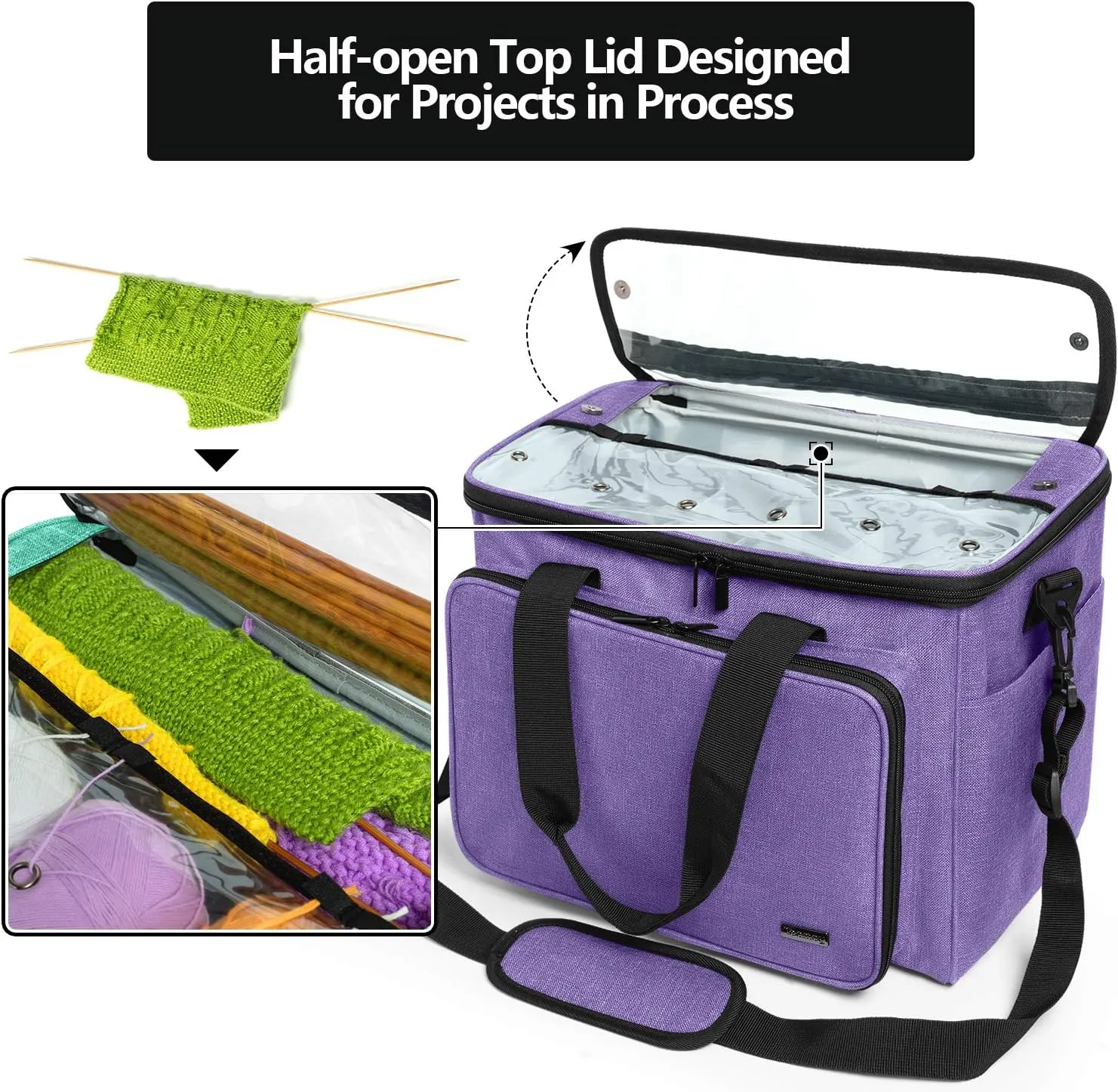 Teamoy Knitting Bag, Yarn Tote Organizer with Inner Divider (Sewn to Bottom) for Crochet Hooks, Knitting Needles(Up to 14”), Project and Supplies, Purple -No Accessories Included
