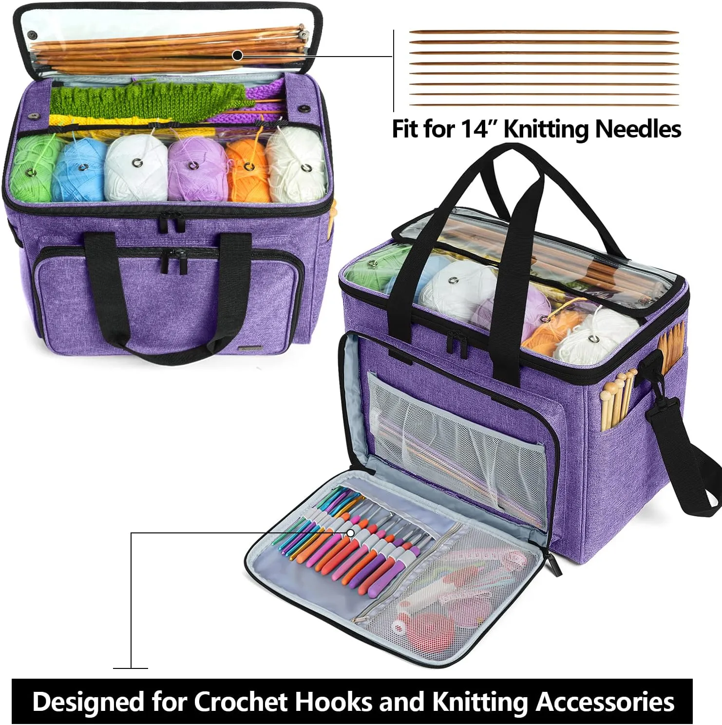 Teamoy Knitting Bag, Yarn Tote Organizer with Inner Divider (Sewn to Bottom) for Crochet Hooks, Knitting Needles(Up to 14”), Project and Supplies, Purple -No Accessories Included
