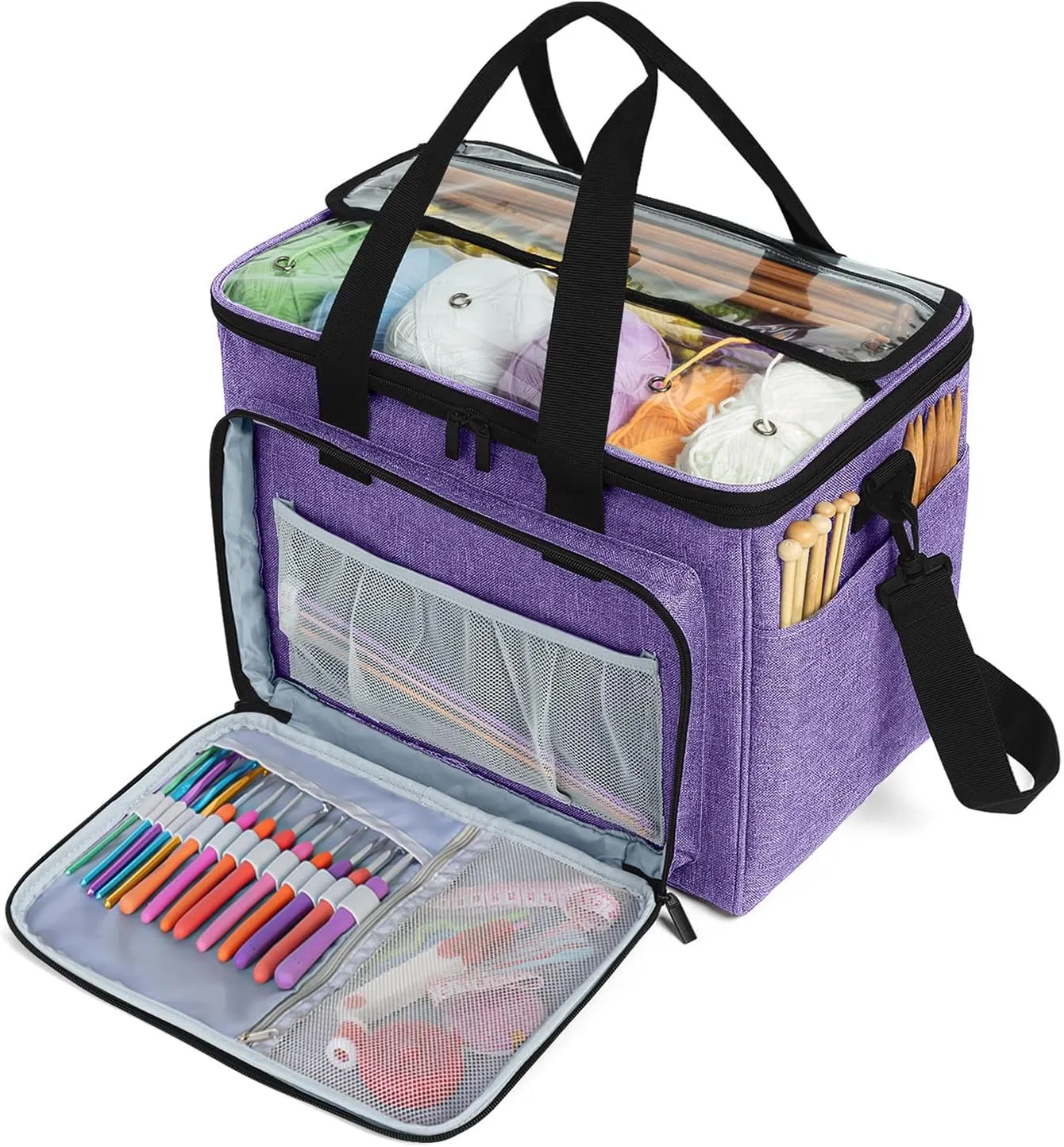 Teamoy Knitting Bag, Yarn Tote Organizer with Inner Divider (Sewn to Bottom) for Crochet Hooks, Knitting Needles(Up to 14”), Project and Supplies, Purple -No Accessories Included
