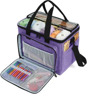 Teamoy Knitting Bag, Yarn Tote Organizer with Inner Divider (Sewn to Bottom) for Crochet Hooks, Knitting Needles(Up to 14”), Project and Supplies, Purple -No Accessories Included