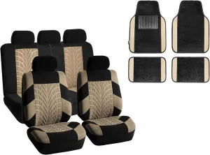 TLH Automotive Seat Covers Travel Master Automotive Car Seat Covers Beige Full Set, Airbag Compatible with Interior Car Accessories Carpet Floor Mats with Beige Colored Trim for Cars Auto Trucks SUV