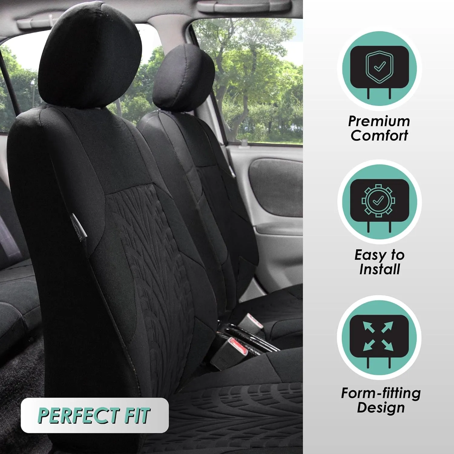 TLH Travel Master Automotive Car Seat Covers Black Full Set, Airbag Compatible with Interior Car Accessories Carpet Floor Mats with Black Colored Trim