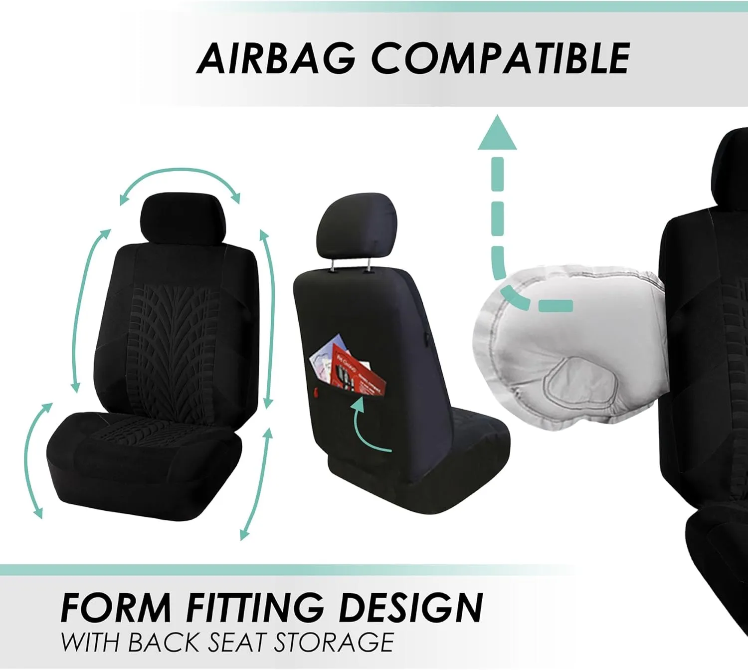 TLH Travel Master Automotive Car Seat Covers Black Full Set, Airbag Compatible with Interior Car Accessories Carpet Floor Mats with Black Colored Trim