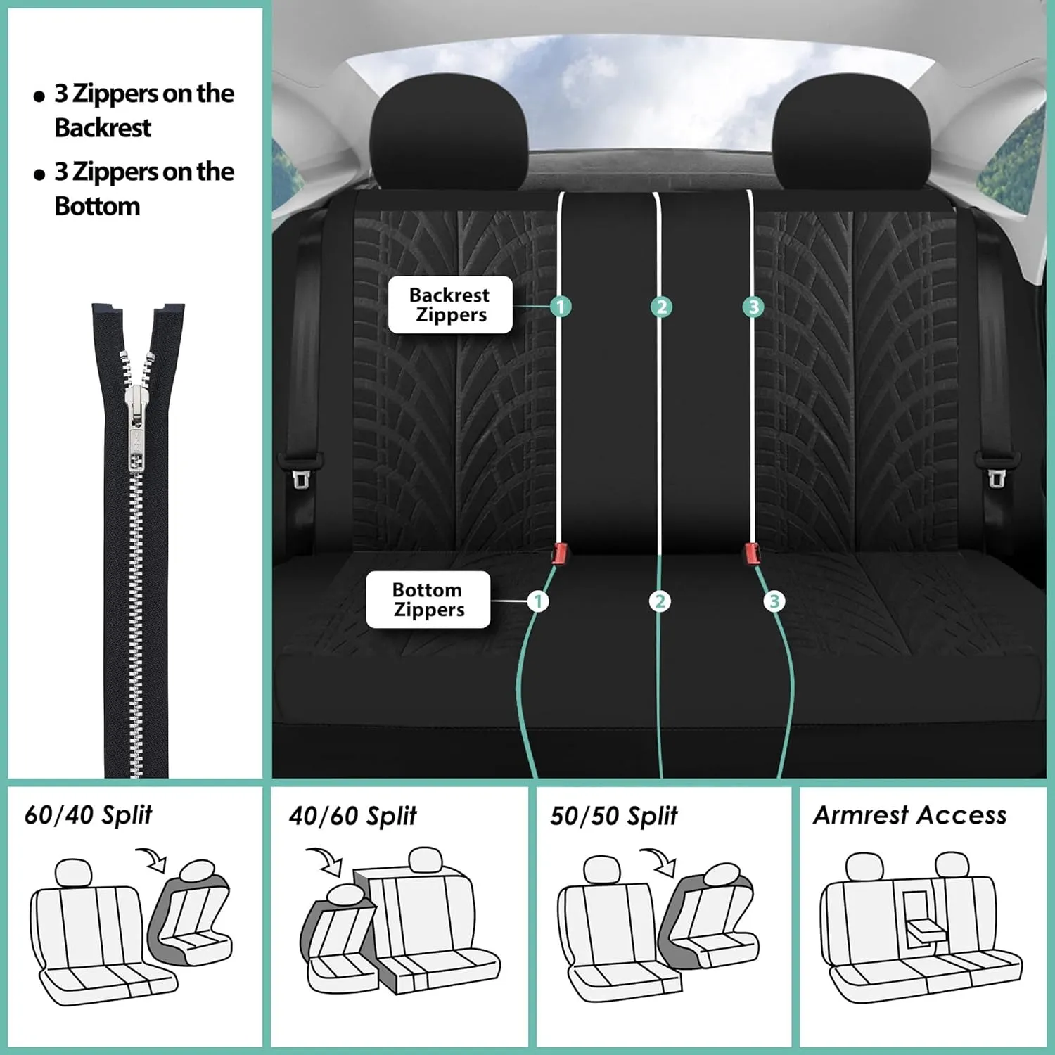 TLH Travel Master Automotive Car Seat Covers Black Full Set, Airbag Compatible with Interior Car Accessories Carpet Floor Mats with Black Colored Trim