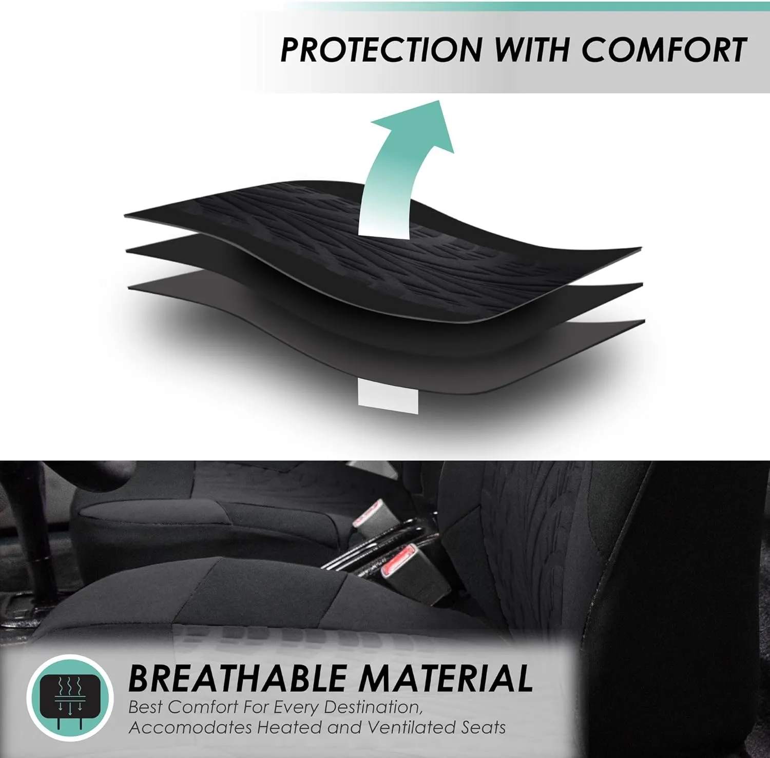 TLH Travel Master Automotive Car Seat Covers Black Full Set, Airbag Compatible with Interior Car Accessories Carpet Floor Mats with Black Colored Trim