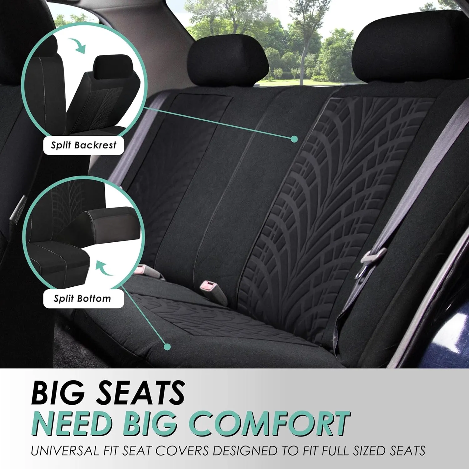 TLH Travel Master Automotive Car Seat Covers Black Full Set, Airbag Compatible with Interior Car Accessories Carpet Floor Mats with Black Colored Trim