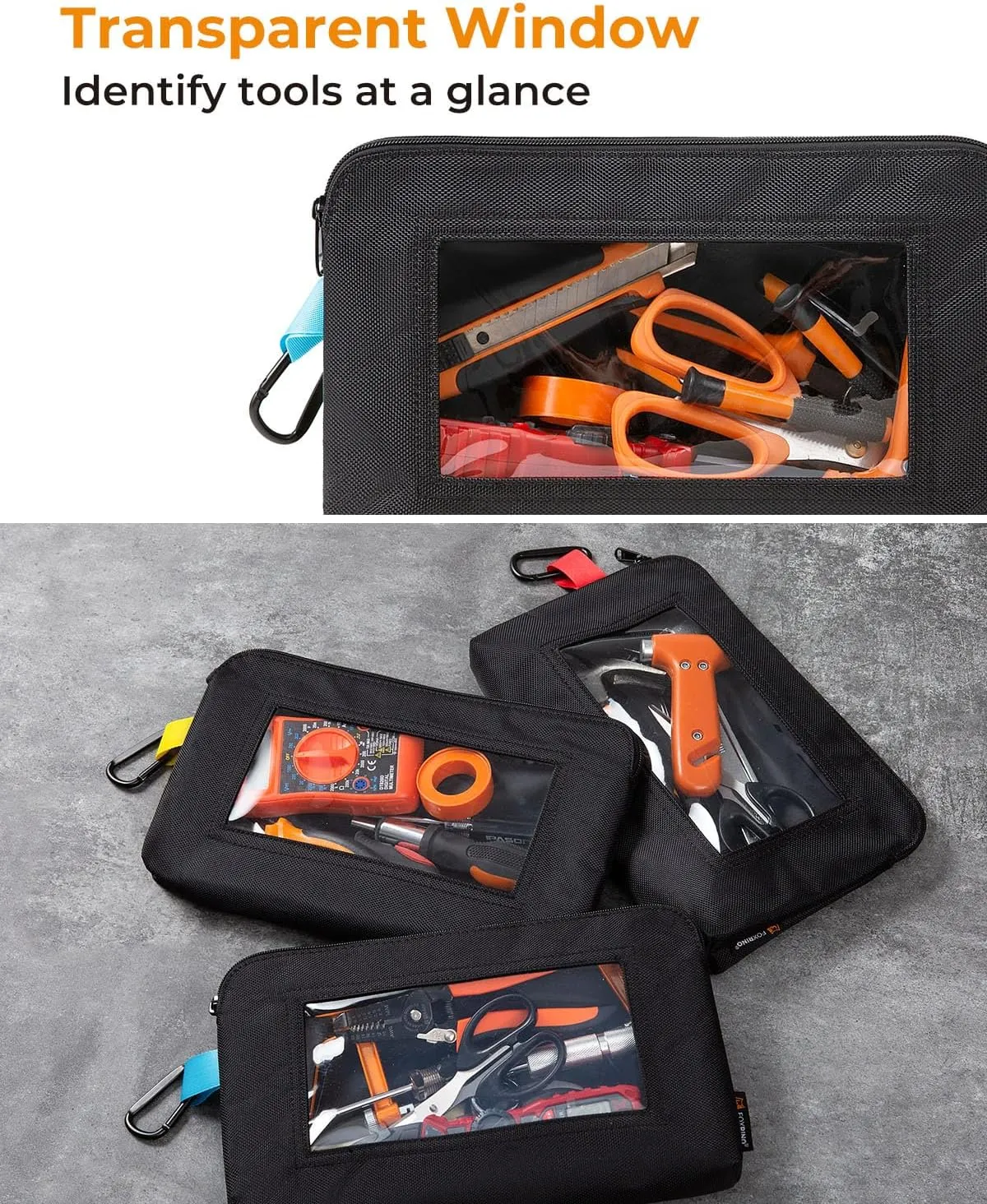 Tool Pouch with Clear Window, 1680D Oxford Small Tool Bag, Heavy Duty Tool Pouches with Zipper, Clear Utility Bag Zipper Pouches for Organizing and Storage, 3 Pack