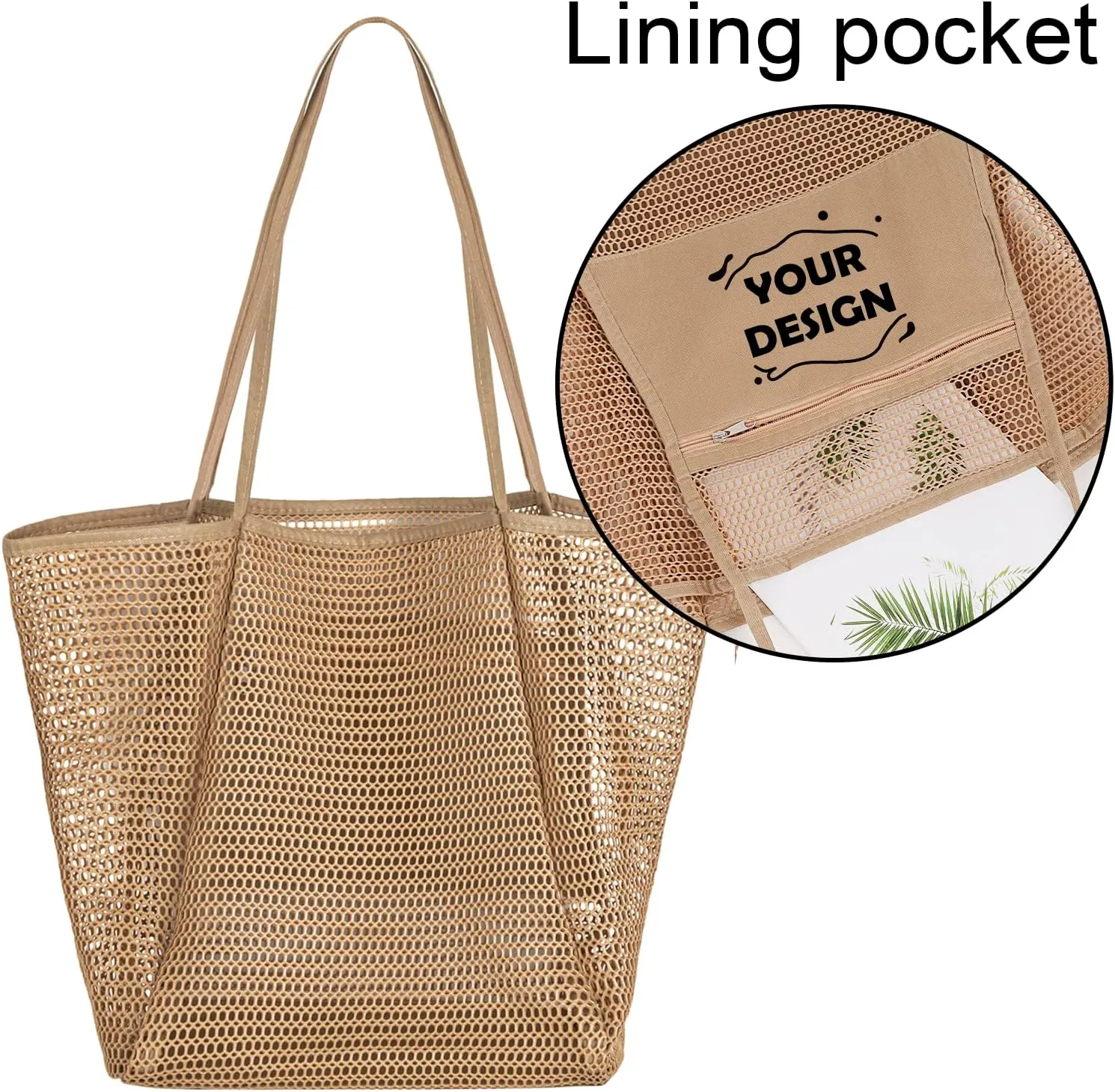 TopTie Custom Mesh Beach Bag for Women, Shoulder Handbag, Large Storage Capacity Bags, Add Your Logo on Tote bag-Black