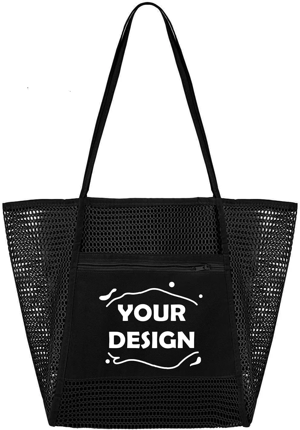 TopTie Custom Mesh Beach Bag for Women, Shoulder Handbag, Large Storage Capacity Bags, Add Your Logo on Tote bag-Black