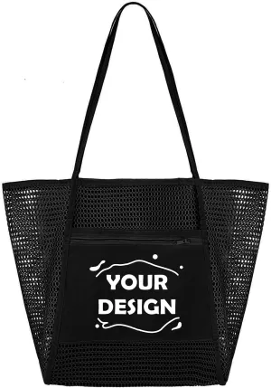 TopTie Custom Mesh Beach Bag for Women, Shoulder Handbag, Large Storage Capacity Bags, Add Your Logo on Tote bag-Black