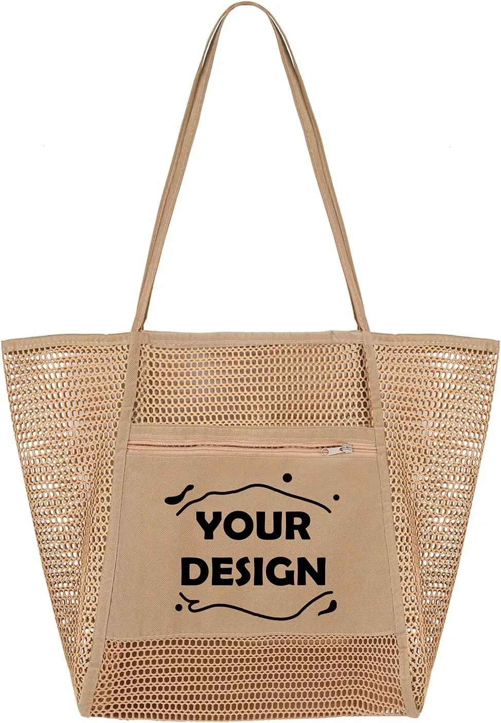 TopTie Custom Mesh Beach Bag for Women, Shoulder Handbag, Large Storage Capacity Bags, Add Your Logo on Tote bag-Khaki