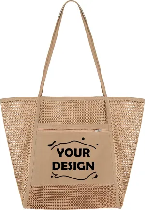TopTie Custom Mesh Beach Bag for Women, Shoulder Handbag, Large Storage Capacity Bags, Add Your Logo on Tote bag-Khaki
