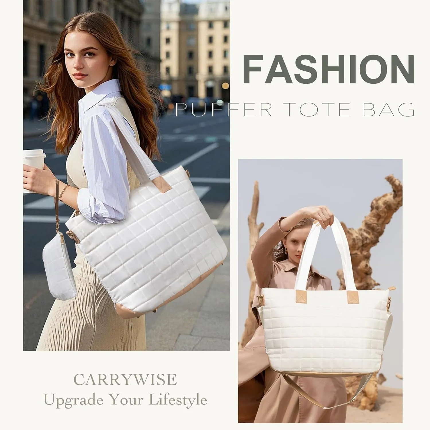 Tote Bag for Women, Large Quilted Puffy Handbag with Multi-pockets, Shoulder Bag Handbag for Travel, Work, Daily
