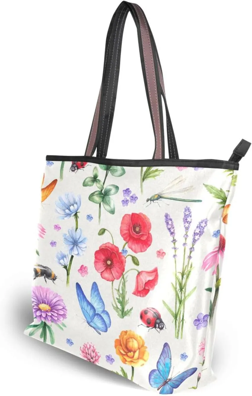 Tote Bag for Women with Zipper and Pockets,Polyester Tote Bag Pattern Tote Purse Women Handbag