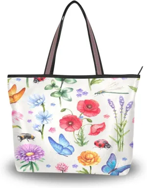 Tote Bag for Women with Zipper and Pockets,Polyester Tote Bag Pattern Tote Purse Women Handbag