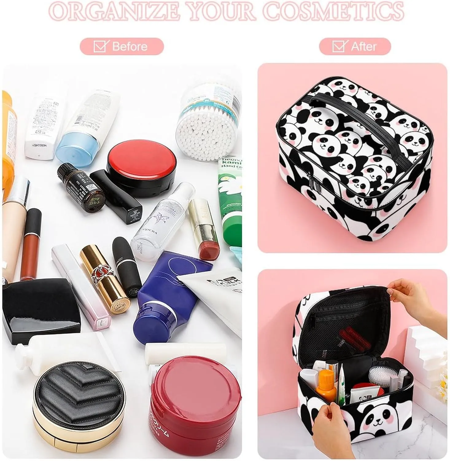 Travel Cosmetic Cases for Women, Multifunctional Makeup Organizer Bag, Cute Cartoon Pandas Toiletry Storage Bag with Handle and Divider