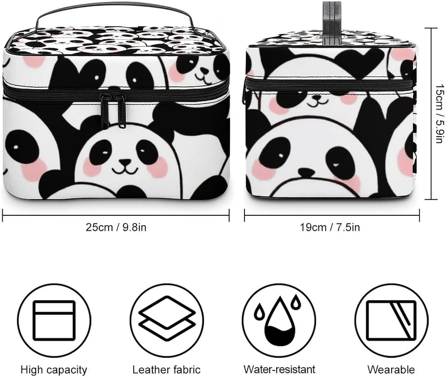 Travel Cosmetic Cases for Women, Multifunctional Makeup Organizer Bag, Cute Cartoon Pandas Toiletry Storage Bag with Handle and Divider