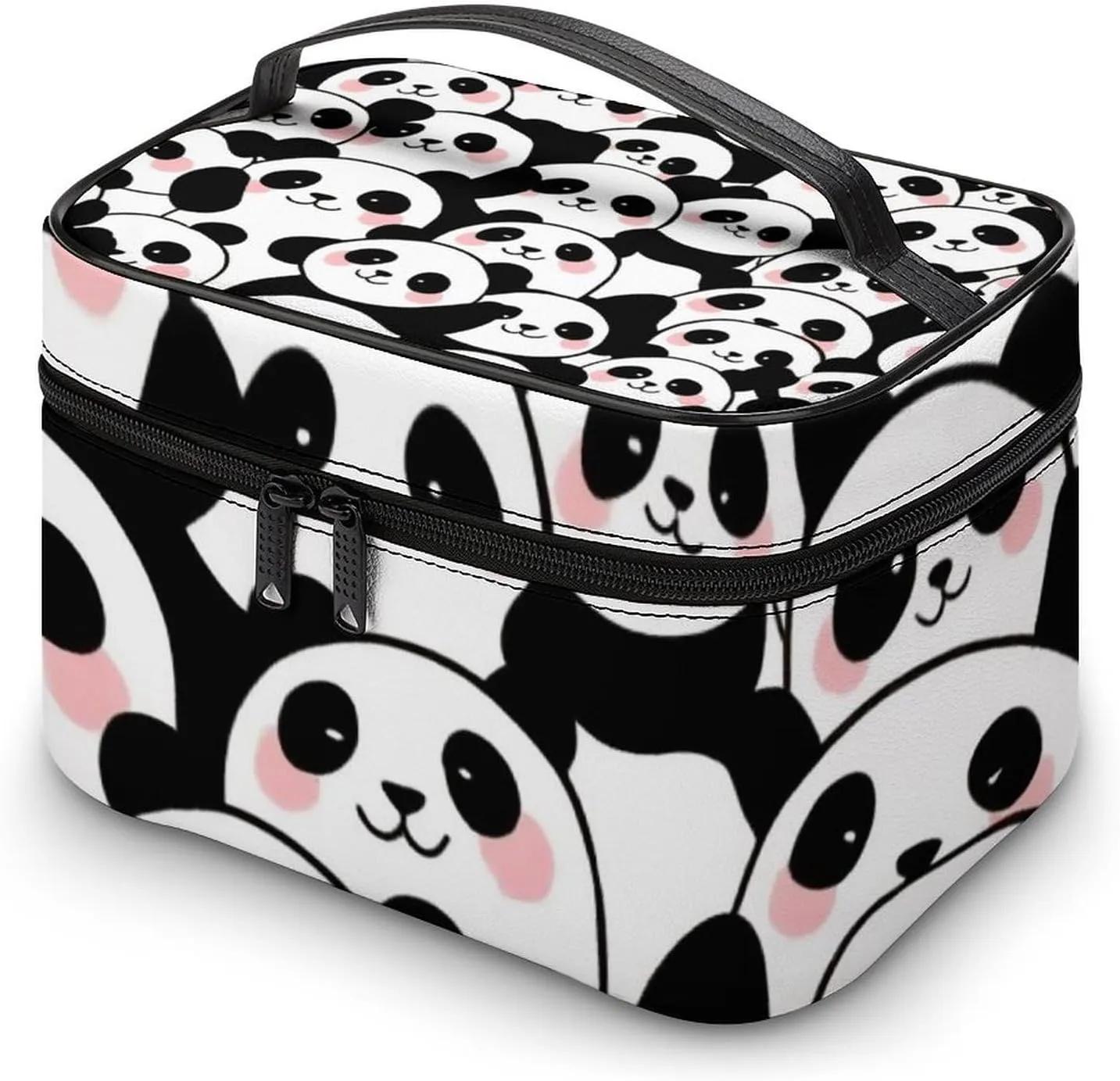 Travel Cosmetic Cases for Women, Multifunctional Makeup Organizer Bag, Cute Cartoon Pandas Toiletry Storage Bag with Handle and Divider