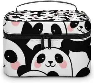 Travel Cosmetic Cases for Women, Multifunctional Makeup Organizer Bag, Cute Cartoon Pandas Toiletry Storage Bag with Handle and Divider