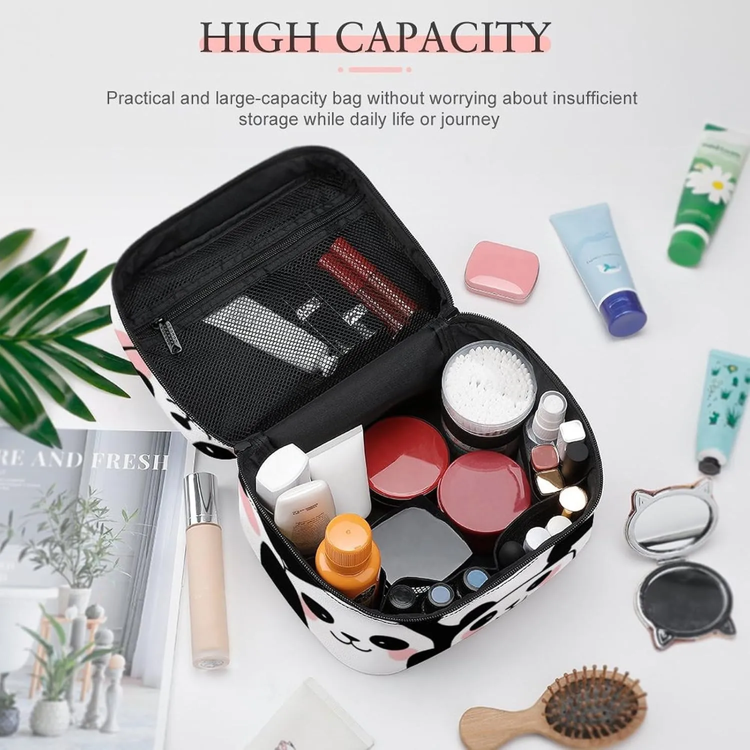 Travel Cosmetic Cases for Women, Multifunctional Makeup Organizer Bag, Cute Cartoon Pandas Toiletry Storage Bag with Handle and Divider