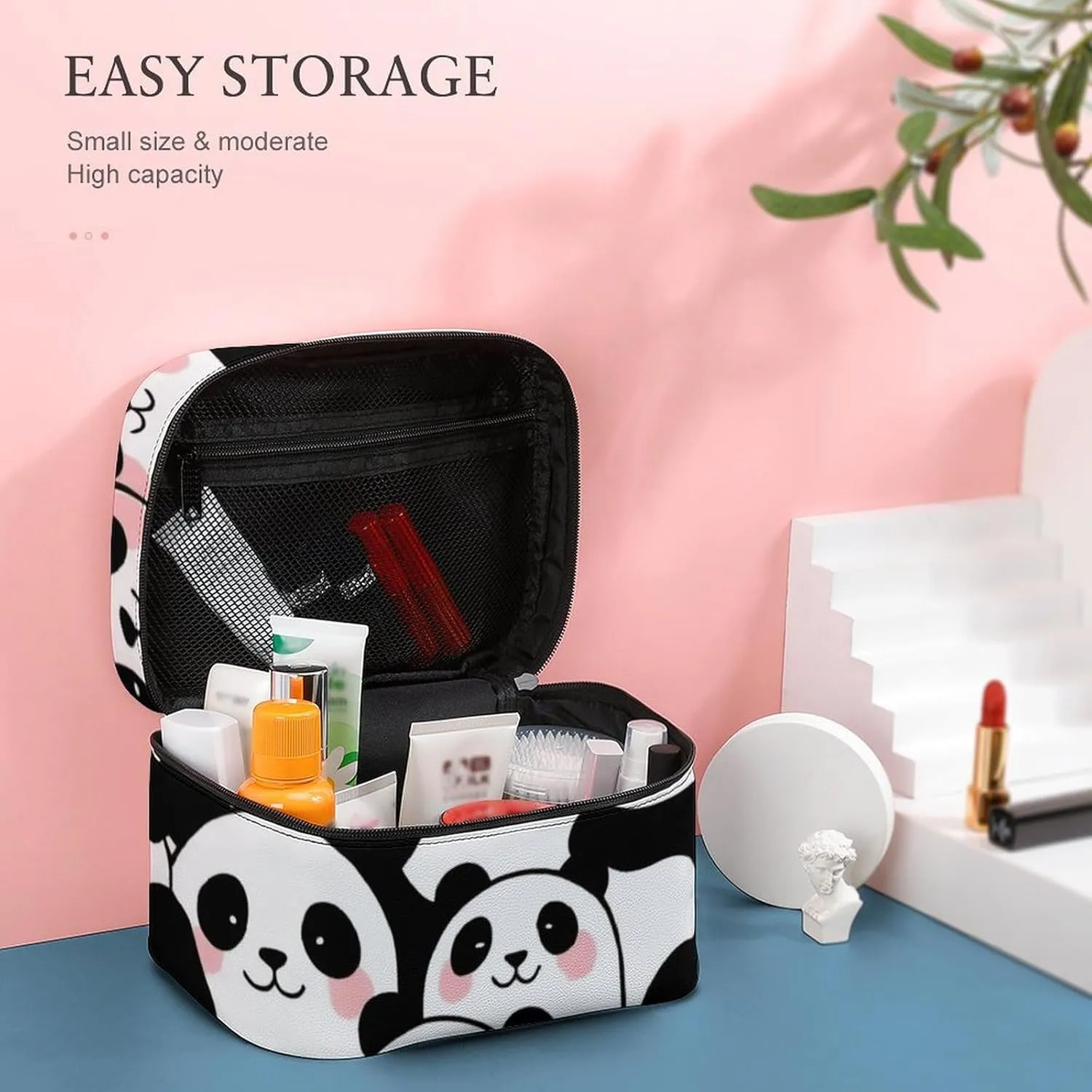 Travel Cosmetic Cases for Women, Multifunctional Makeup Organizer Bag, Cute Cartoon Pandas Toiletry Storage Bag with Handle and Divider