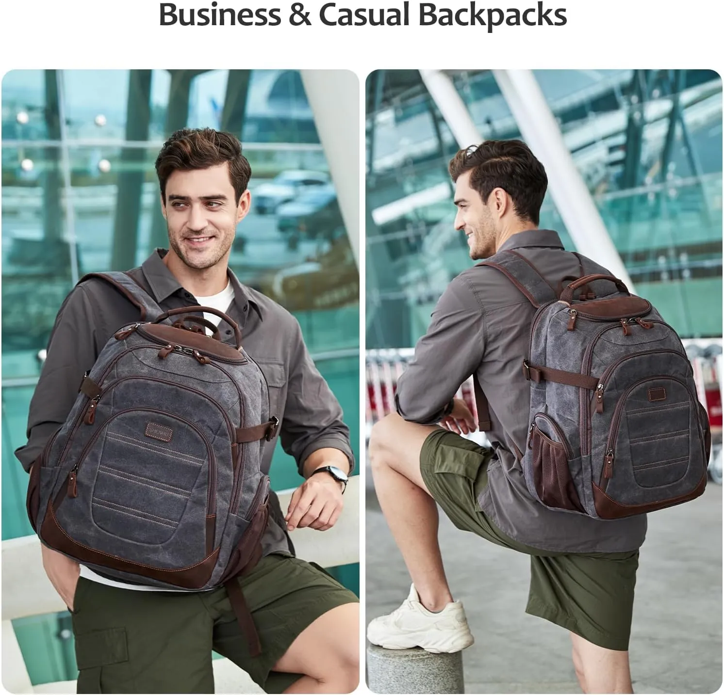 Travel Laptop Backpack 17.3 inch XL Computer Backpack for Men Waxed Canvas College Daypack Business Backpack Black Gray