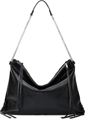 Trendy Hobo Bag Vegan Leather Tote Shoulder Bag for Women Large Slouchy Tassel Tote Purse Bag with Zipper